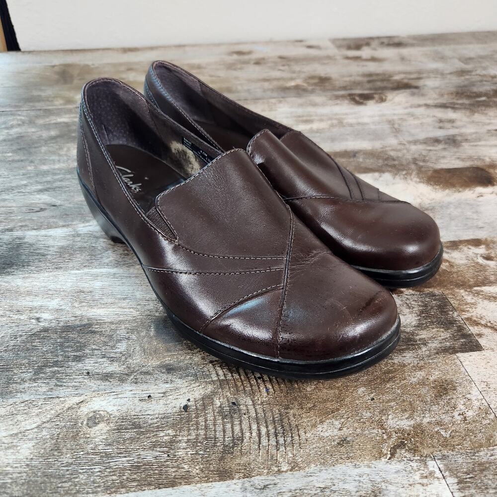 Clarks Womens 8.5 Brown Leather Slip On Loafers Comfort Wedge Work Shoes Clog